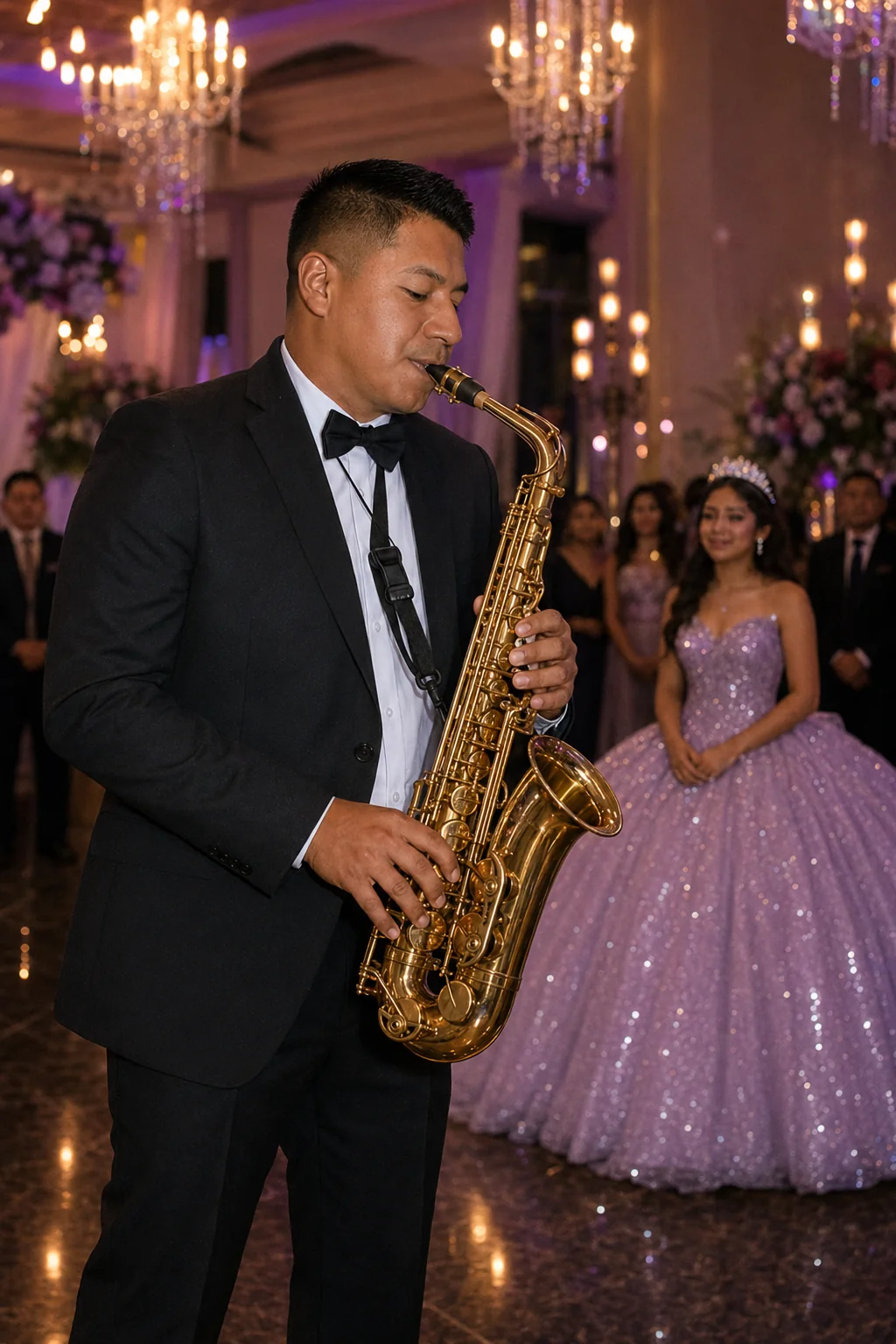 Cairo Sax tocando saxofón en una celebración de 15 años